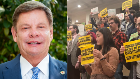 DOT member Stephen Rosenburgh, left, and toll lane opponents.