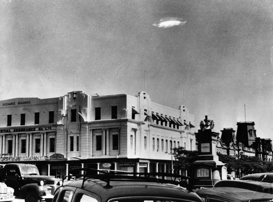 An Unidentified Flying Object is pictured over Bulawayo, in what is now Zimbabwe. 