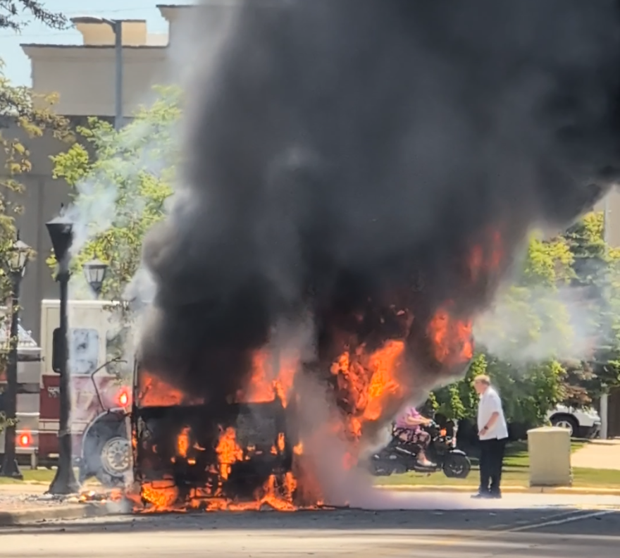 A mobile billboard truck is engulfed in flames while parked in downtown Bay City on Thursday, June 4, 2026. It was the second truck of its kind to catch fire in a period of six weeks.