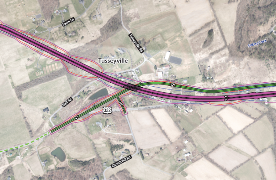 A close-up of the North Alignment option (in pink) being considered for the State College Area Connector Project.