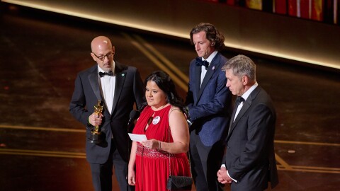 Gloria Cazares, Joshua Seftel, Steve Hartman, and Conall Jones accept the Oscar® for Documentary Short Film during the 98th Oscars® at the Dolby® Theatre at Ovation Hollywood on Sunday, March 15, 2026.