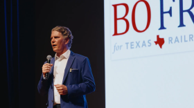 Republican candidate for Railroad Commissioner Bo French speaks at the Red River Roll Call, a Republican rally hosted by state Rep. Shelley Luther, in Sherman on July 27, 2026.