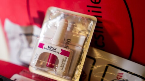 A package of Narcan is pictured at a first aid station at King County Elections headquarters, Friday, Nov. 17, 2023, in Renton, Wash. The office began stocking the overdose-reversal nasal spray after receiving a letter laced with fentanyl in the summer and was evacuated the day after Election Day after receiving a similar envelope.