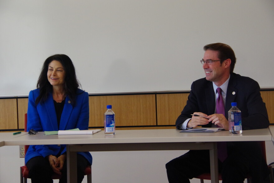 Attorney General Dana Nessel (left) and State Senator Sean McCann (left) speak at a roundtable discussion on energy affordability held at Western Michigan University's Sangren Hall on Monday, September 28, 2026.