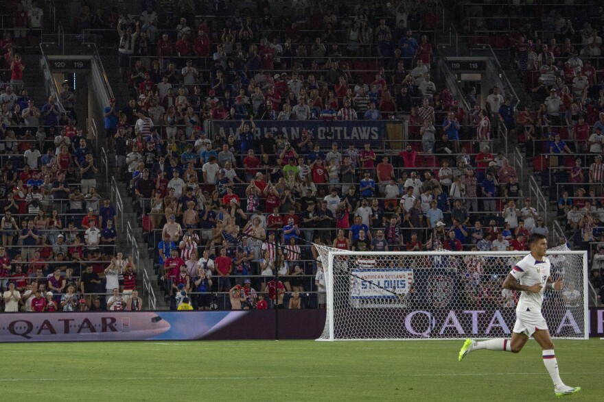 Forward Brandon Vazquez runs past a packed crowd of fans during the USMNT’s Gold Cup match against St. Kitts and Nevis on Wednesday, June 28, 2023 at CityPark in St. Louis. More than 21,000 fans attended the game. 
