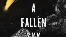 The cover of "Beneath a Fallen Sky" by Scott Gould. The cover depicts a greyscale landscape with a mountain in the distance. Above is a dark sky with stars, and a portion of it is being covered by a cloud. The only piece of color in the depiction is a shining, yellow comet shooting through the night sky.