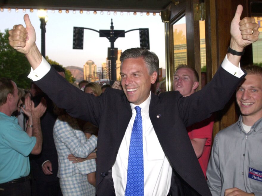 Huntsman arrives at his campaign party during the Republican gubernatorial primary on June 22, 2004, in Salt Lake City.