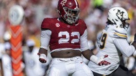 Alabama defensive lineman LT Overton (22) celebrates after a stop against Missouri during the first half of an NCAA college football game, Saturday, Oct. 26, 2024, in Tuscaloosa, Ala. (AP Photo/Vasha Hunt)