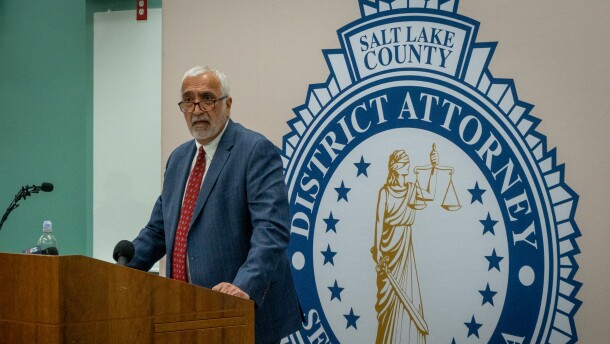 Salt Lake County District Attorney Sim Gill announces charges in the June No Kings shooting at his office in Salt Lake City, Dec. 3, 2025.