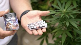 Delta 8 THC products next to hemp plants.