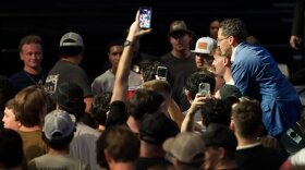 James Fishback, insurgent Republican candidate for Florida governor, poses with young male supporters at Florida Atlantic University in Boca Raton on Sunday, April 19, 2026.