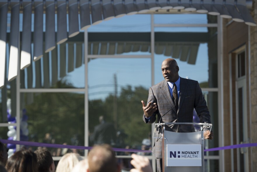 Michael Jordan speaks at the opening of one of his Michael Jordan Family Clinics in Charlotte in 2019.