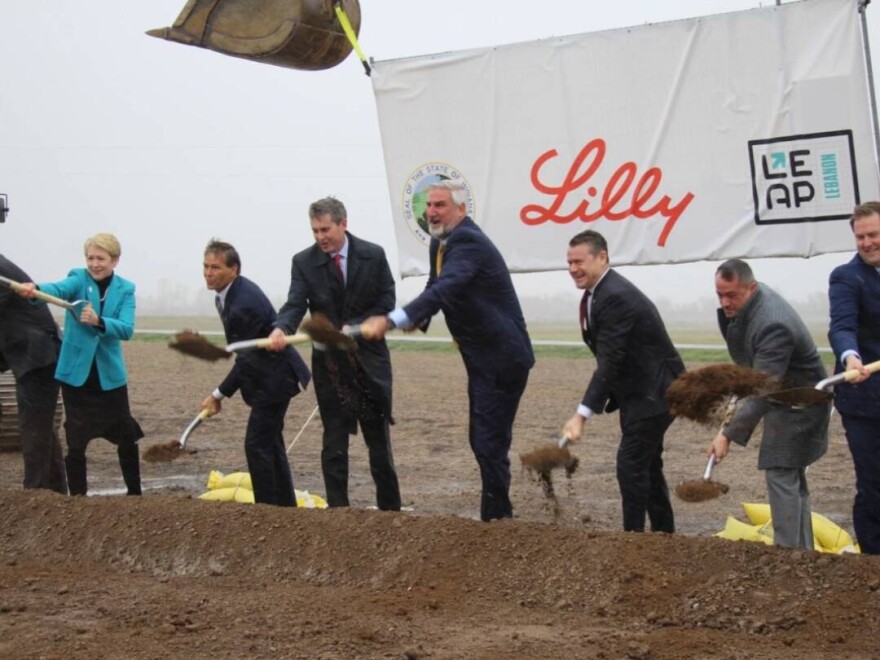 Former Gov. Eric Holcomb and other officials at the groundbreaking event for the Eli Lilly facility at the LEAP district in Boone County, 2023.