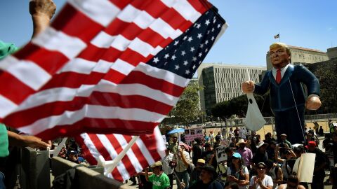 Members of the "Full Rights for Immigrants Coalition" displayed a giant effigy of then-candidate Donald Trump on May Day in Los Angeles last year.