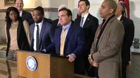 Mayor John Cranley at a City Hall press conference announcing Patrick Duhaney (at Cranley's left) as his candidate for city manager.