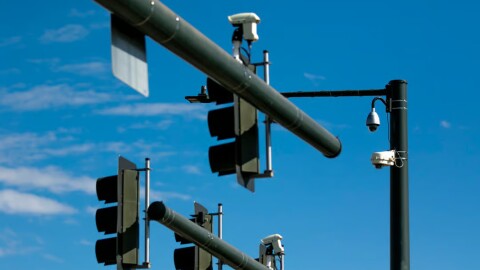 At least four cameras watch over Alameda Avenue at Broadway. Oct. 23, 2025.
