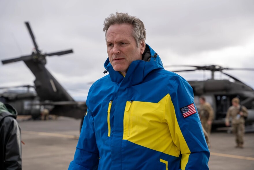 Gov. Mike Dunleavy arrives in Bethel after visiting the storm-damaged villages of Kipnuk and Kwigillingok on Oct. 17, 2025.