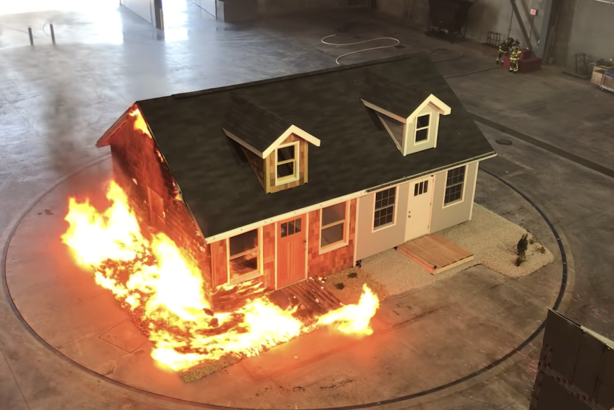 A demonstration by the Insurance Institute for Business and Home Safety shows the effects of embers on a traditionally-built home compared to one designed for fire resistance.