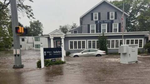 This photo provided by the Westport Fire Department shows flash flooding in Westport on Sept. 13, 2026 (Provided by the Westport Fire Department via AP)