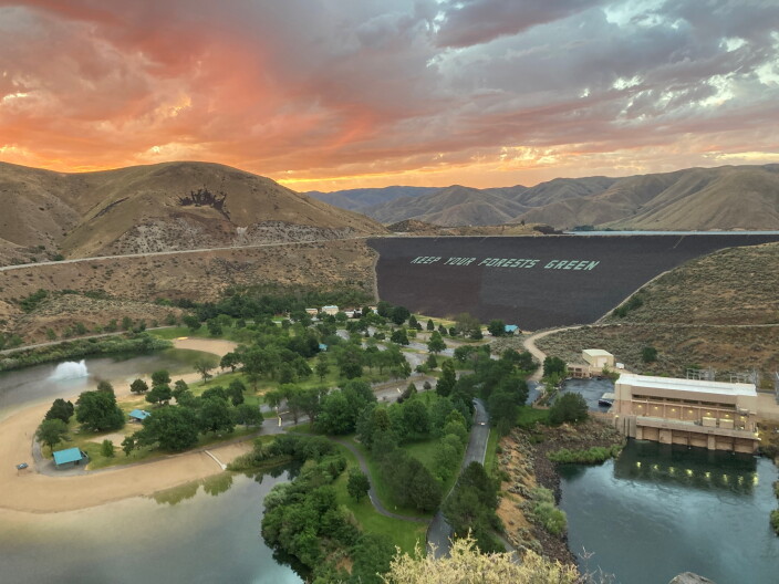 A picture shows Lucky Peak at sunset. 