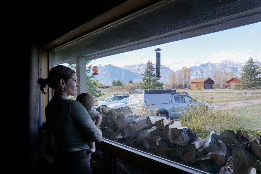 A woman with her hair in a bun, holding a baby, looks out a window, which reveals a range of jagged mountains and a driveway with cars.