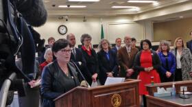 Washington House Finance Chair Kris Lytton addresses reporters at a news conference to announce the House Democratic budget proposal. The budget includes a $3 billion tax plan over the next two years. AUSTIN JENKINS / NORTHWEST NEWS NETWORK