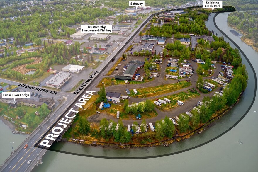 Plans for the riverfront redevelopment project, with the River Terrace RV and Trailer Park property in the foreground.