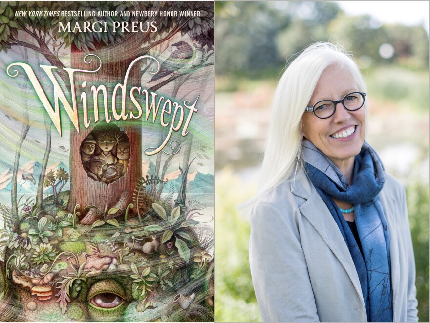 Book cover of the children's novel "Windswept" featuring an illustration of a large tree with children hiding inside, atop a one-eyed troll's head, with whisps of wind sweeping about; also an image of the author, Margi Preus.