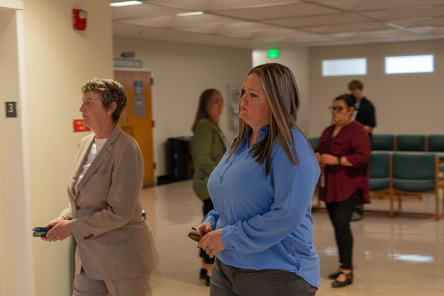 Dani Marie Schofield attends a pre-trial hearing with her attorney at Jackson County's courthouse in Medford on May 28, 2025.