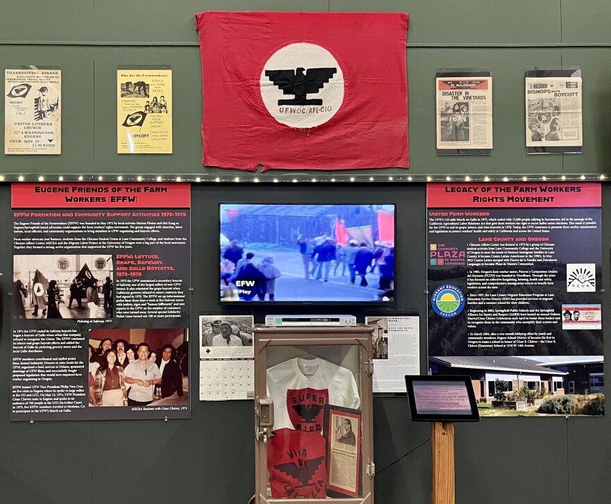 A portion of an exhibit at the Lane County History Museum. Written items in the display are not legible in the photo.