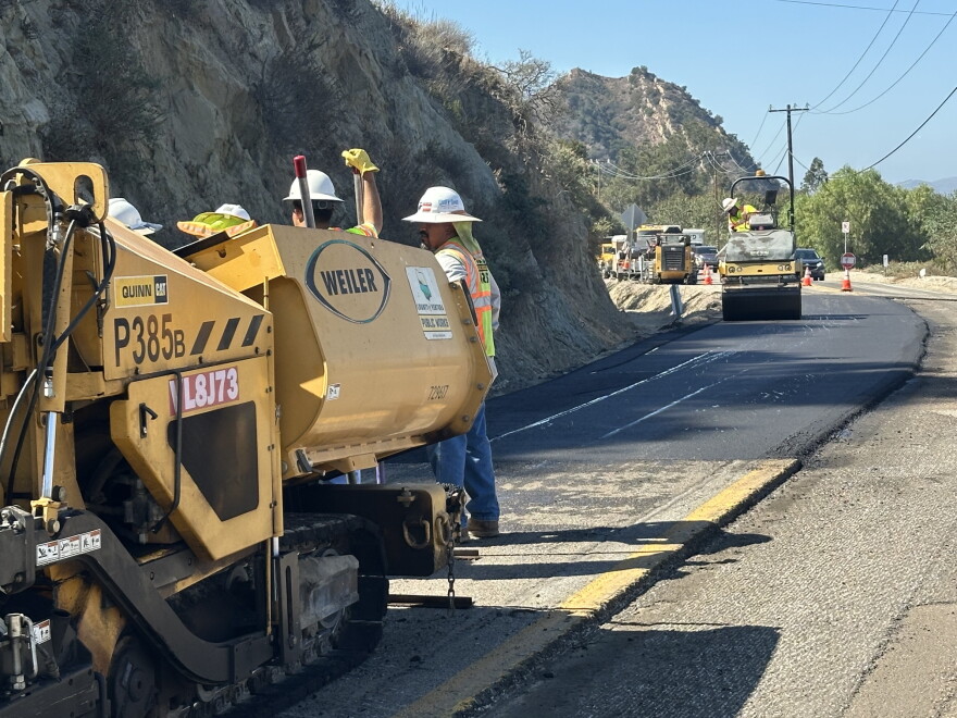 A Ventura County Public Works crew is repaving a section of a road outside of Santa Paula which could be vulnerable to heavy El Nino rainfall.