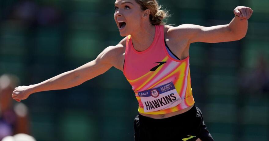 Chari Hawkins, a former 5-time All-American at Utah State, competes in the women's heptathlon javelin throw during the Track and Field Olympic Team Trials.