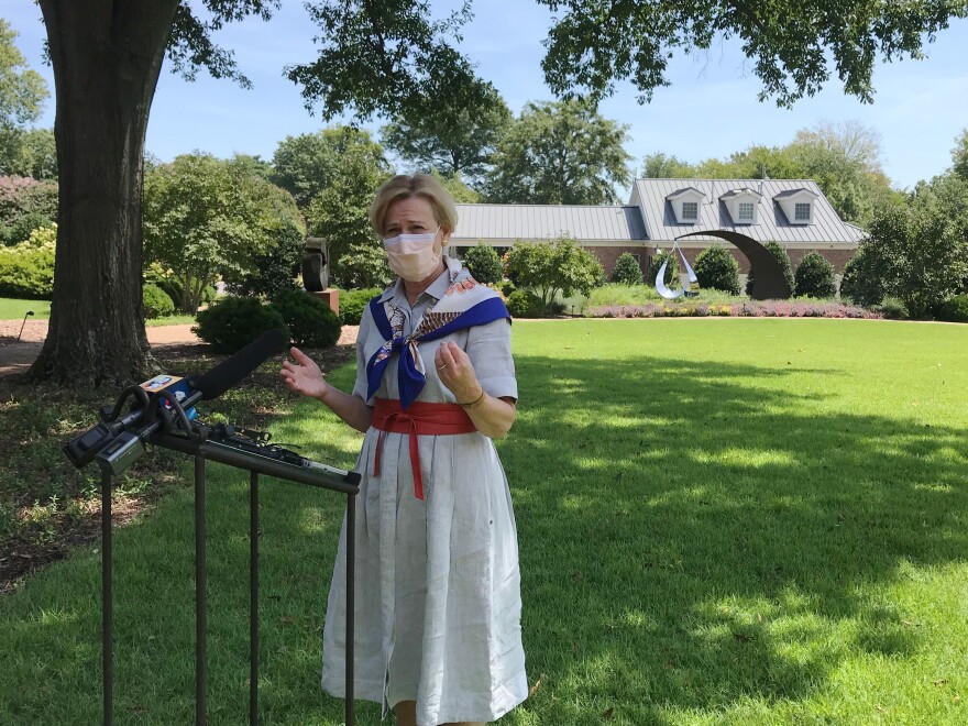 Dr. Deborah Birx speaks to reporters this week outside the Arkansas Governor's Mansion in Little Rock. Birx indicated that data on U.S. COVID-19 hospitalizations will move back to the CDC under a "revolutionary new data system" the agency is developing.