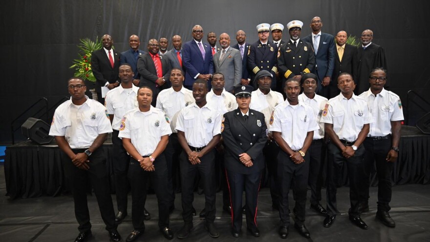 Pictured: Officials gathered to celebrate the graduation of the VIFEMS Recruit Class 2025-01 at the UVI Elridge Blake Sports and Fitness Center on St. Thomas.
