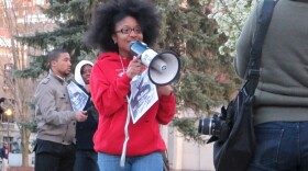 Keneshia Grant speaks at a Hoodies for Trayvon rally in the Syracuse University Quad.