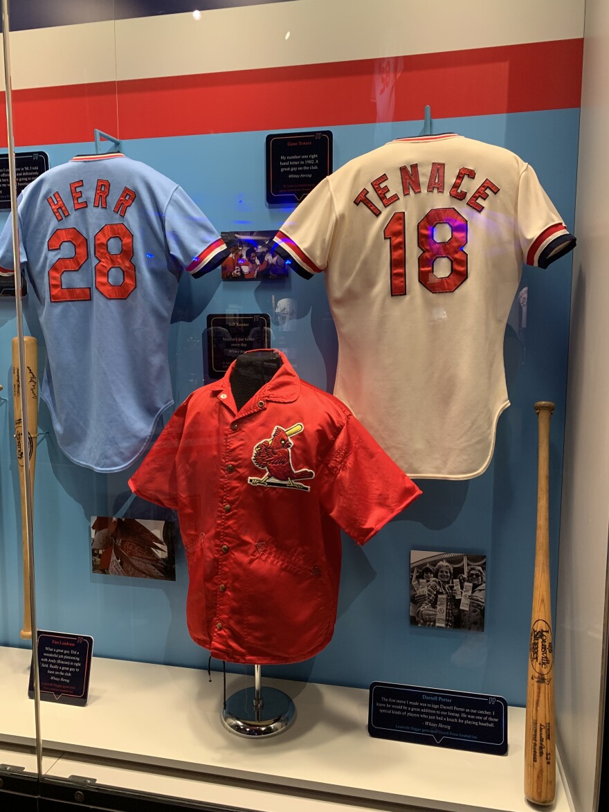 The jerseys of catcher Gene Tenace and infielder Tom Herr are part of the Celebration! 1982 display.