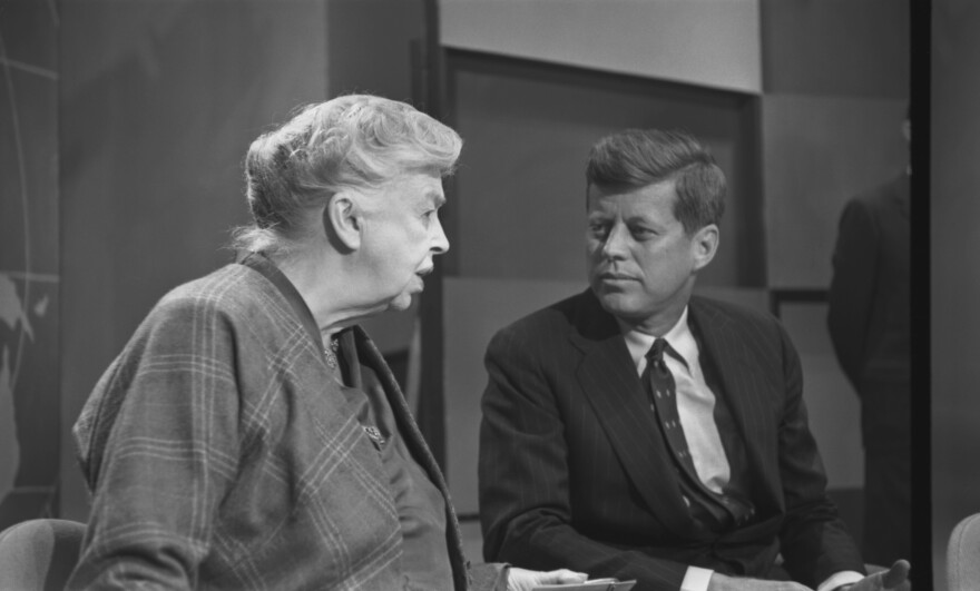 Eleanor Roosevelt speaks with presidential candidate John F. Kennedy in 1960.