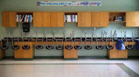 A finished clean room with stacked chairs in the science room at the Mildred Avenue K-8 School building in Boston's Mattapan, which were being cleaned for the reopening of school on July 9, 2020. (Photo by David L. Ryan/The Boston Globe via Getty Images)