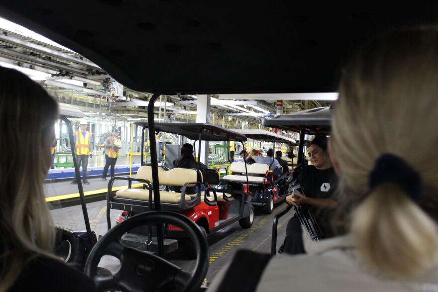 On a tour of Lordstown Motors, journalists were driven around in golf carts to stops where company officials and employees talked about the process to produce the Endurance.