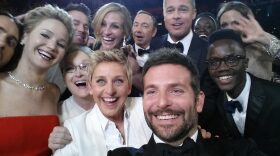 Ellen DeGeneres poses for a selfie taken by Bradley Cooper with (clockwise from L-R) Jared Leto, Jennifer Lawrence, Channing Tatum, Meryl Streep, Julia Roberts, Kevin Spacey, Brad Pitt, Lupita Nyong'o, Angelina Jolie, Peter Nyong'o Jr. and Bradley Cooper during the 86th Annual Academy Awards.
