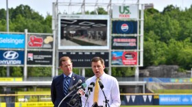 Lackawanna County Commissioner Bill Gaughan addresses a news conference called to announce $13.5 million in renovations to PNC Field where the Scranton/Wilkes-Barre RailRiders play baseball. Plans include locker rooms for female umpires and trainers.