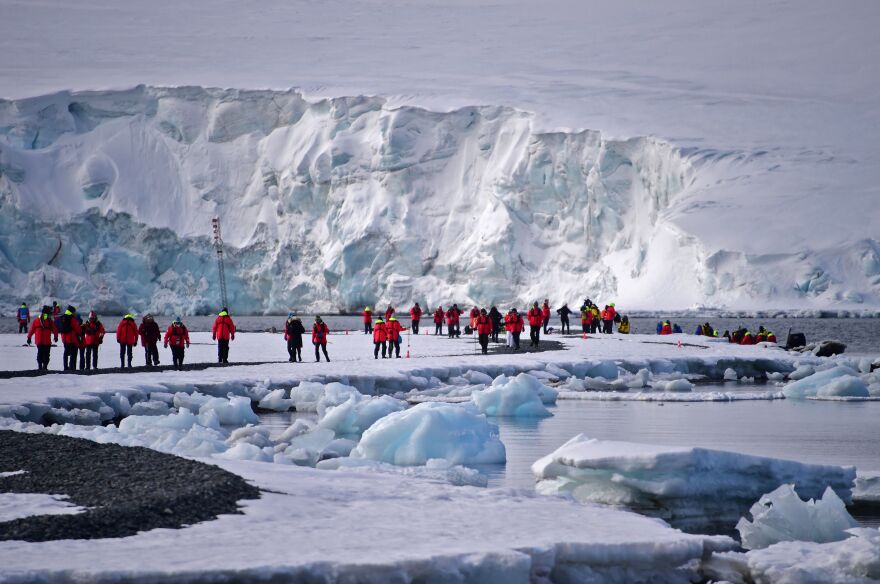 Tourists visit the South Shetland Islands in Antarctica in 2019. A new study suggests that tourism and research activity in the most heavily trafficked part of the continent is leading to significantly more snow melt. [JOHAN ORDONEZ / AFP via Getty Images]