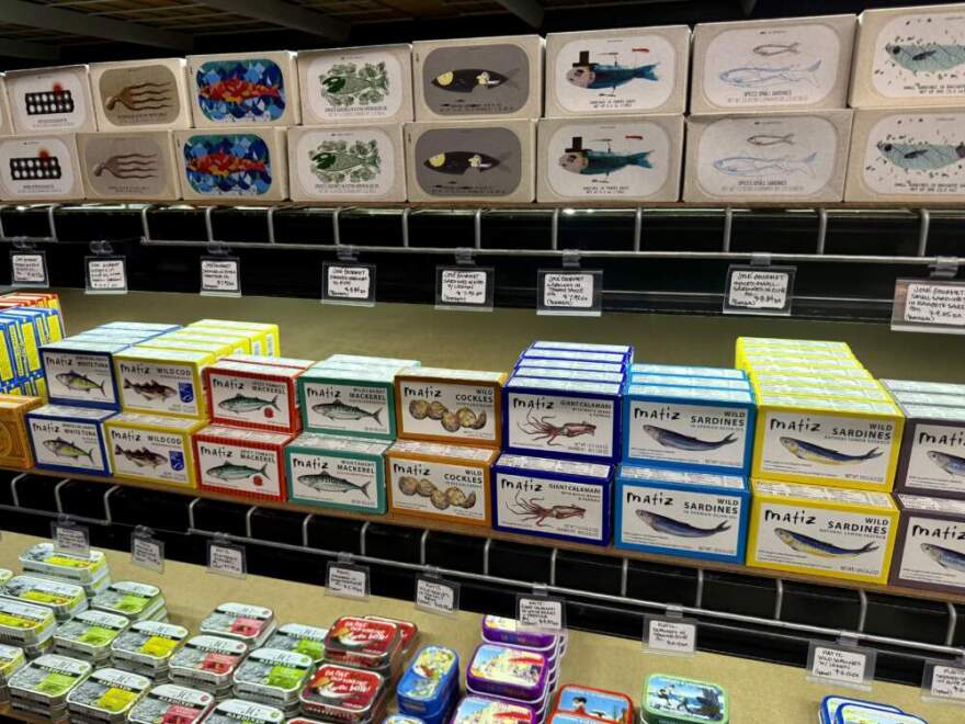 Tinned fish for sale at a market. (Kathy Gunst/Here & Now)