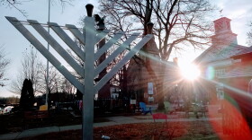 A Hanukkah menorah is set up on the town common in Greenfield, Massachusetts. 