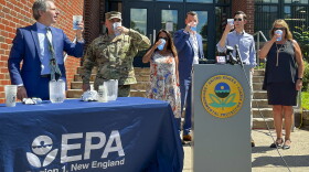 Drinking from color-changing cups, officials toast with local tap water the completion of a nearly six miles long pipeline connecting parts of Durham to Middletown’s waterline, providing clean water to about 120 homes and businesses. From left to right: David Cash, EPA New England Regional Director; Col. John A. Atilano II, U.S. Army Corps of Engineers New England Commander; Manisha Juthani, Department of Public Health Commissioner; Graham Stevens, DEEP Bureau of Water Protection Chief; Middletown Mayor Ben Florsheim; Laura Francis, former Durham first selectwoman.
