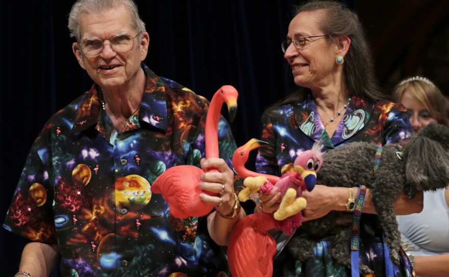 Featherstone and his wife, Nancy, in one of their matching outfits.