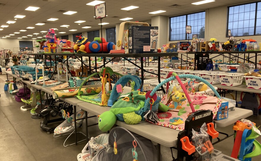 Baby toys on display at the Frederick Fair Grounds Tot Swap.