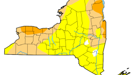 A map of New York from the US Drought Monitor shows areas of severe drought in western New York, as well as the eastern border of the state.