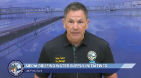Corpus Christi City Manager Peter Zanoni speaks to media during a Monday water briefing at Corpus Christi City Hall. He announced that recent floodwaters have pushed a likely water emergency to 2028.