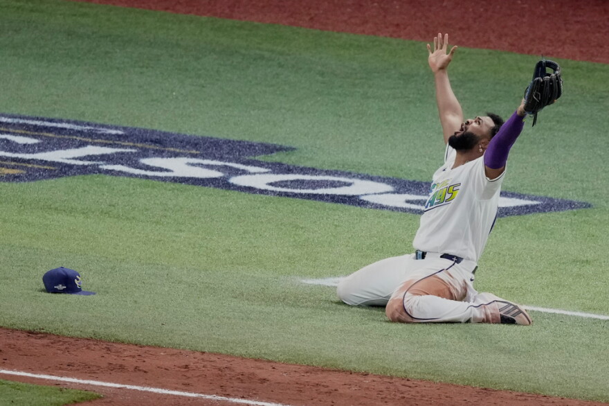 Rays third baseman Junior Caminero celebrates their win against the Cleveland Guardians in Game 6 of the ALCS that put Tampa Bay in the World Series. 